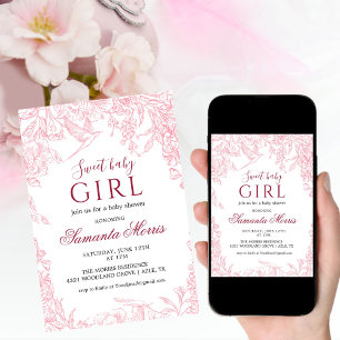 Pink and White Watercolor Blush Floral Baby Shower Invitation