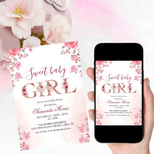 Pink and White Watercolor Blush Floral Baby Shower Invitation