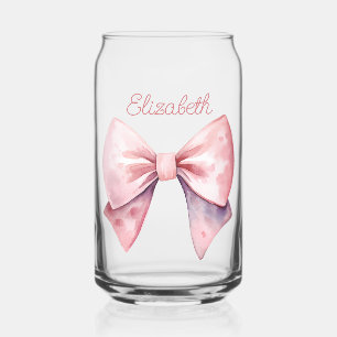 Pink and White Watercolor Bow Personalised Can Glass