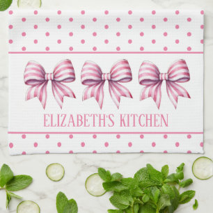 Pink and White Watercolor Bows Personalised Tea Towel