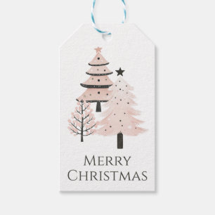 Pink and White Watercolor Christmas Tree with Star Gift Tags