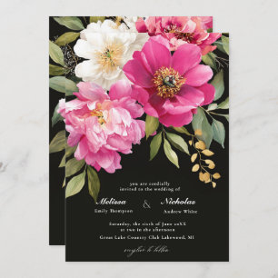 Pink and White Watercolor Peony Floral Wedding Invitation