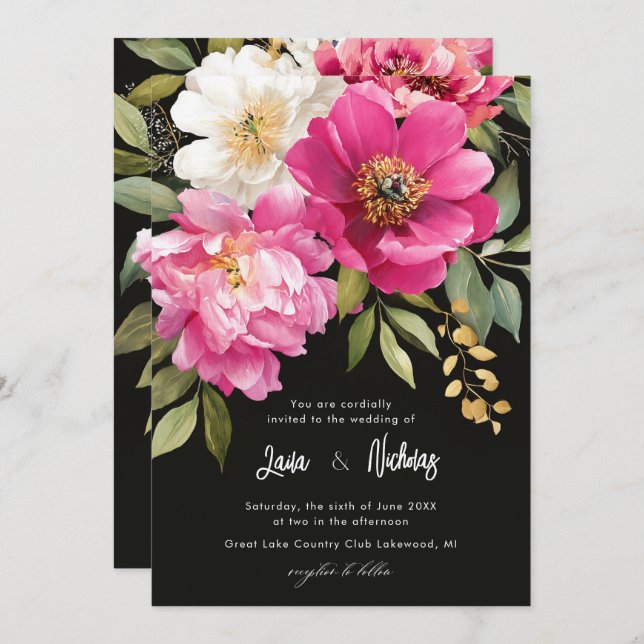 Pink and White Watercolor Peony Floral Wedding Invitation (Front/Back)