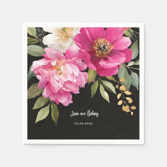 Pink and White Watercolor Peony Floral Wedding Napkin (Front)