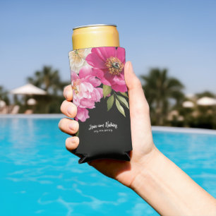 Pink and White Watercolor Peony Floral Wedding Seltzer Can Cooler