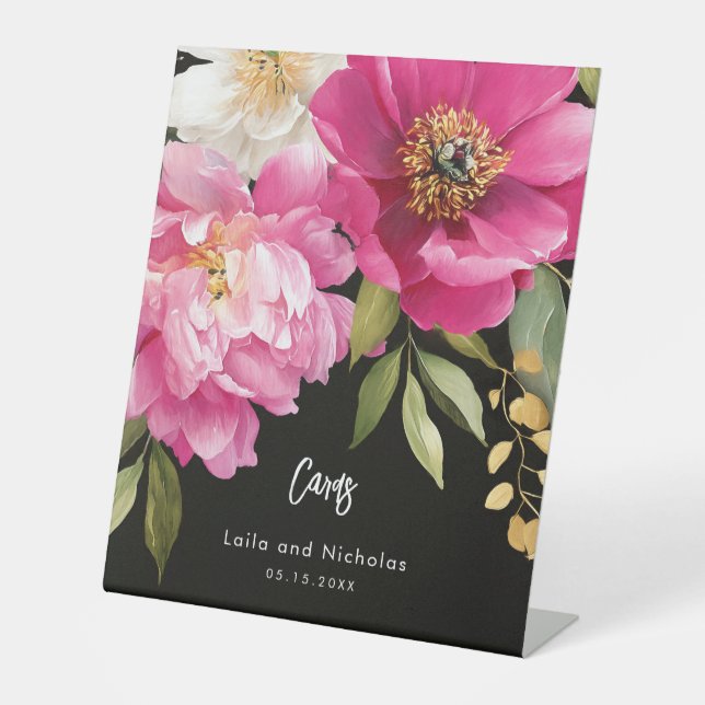 Pink and White Watercolor Peony  Wedding Cards Pedestal Sign (Front)