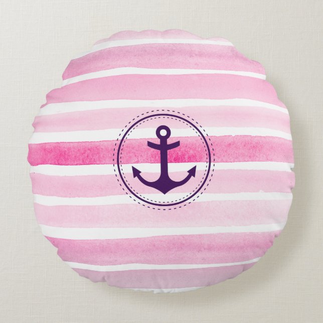 Pink and White Watercolors Trendy Anchor Round Cushion (Front)