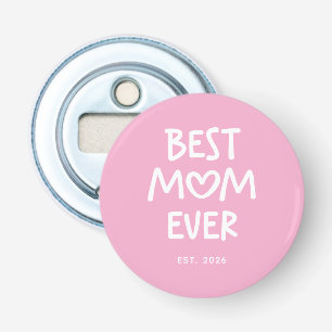 Pink and White Whimsical Heart Best Mum Ever Est. Bottle Opener