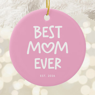 Pink and White Whimsical Heart Best Mum Ever Photo Ceramic Tree Decoration