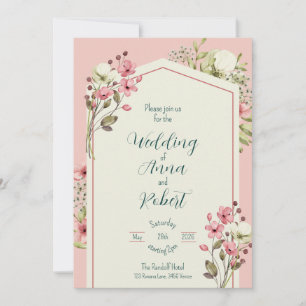 Pink And White Wildflowers Geometric Wedding Invitation