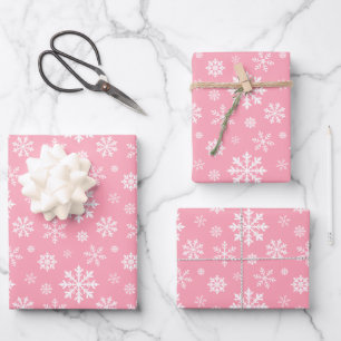 Pink And White Winter Snowflakes Pattern Wrapping Paper Sheet
