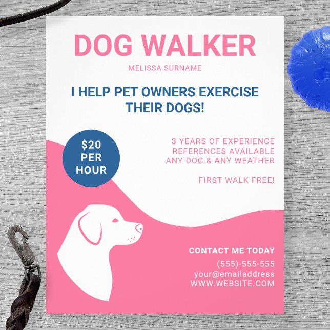 Pink And White With Blue Dog Walker Template Flyer (Creator Uploaded)