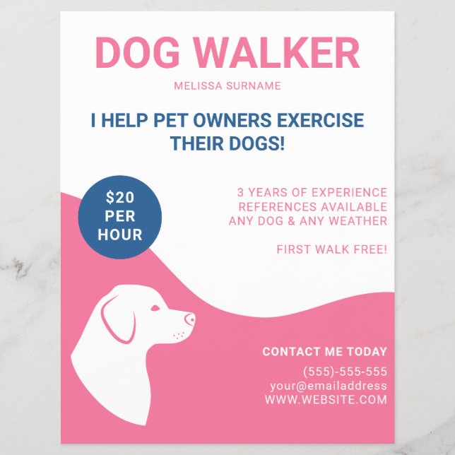 Pink And White With Blue Dog Walker Template Flyer (Front)