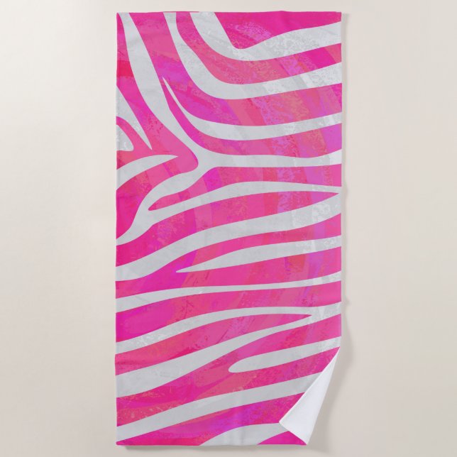 Pink and White Zebra Pattern Beach Towel (Front)