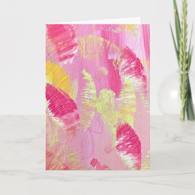 Pink and Yellow Abstract Art Folded Note Card (Front)