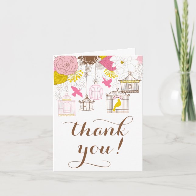 Pink and Yellow Birdcages Spring Floral Thank You Card (Front)