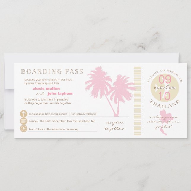 Pink and Yellow Boarding Pass to Thailand Wedding Invitation (Front)
