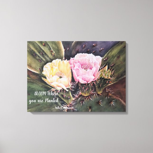 Pink and Yellow Cactus Flowers in Watercolors Canvas Print (Front)