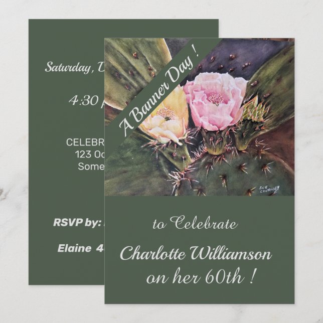 Pink and Yellow Cactus Watercolor Birthday Floral Invitation (Front/Back)