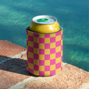 Pink and Yellow Checkerboard Can Cooler