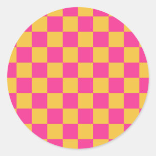 Pink and Yellow Chequerboard Classic Round Sticker