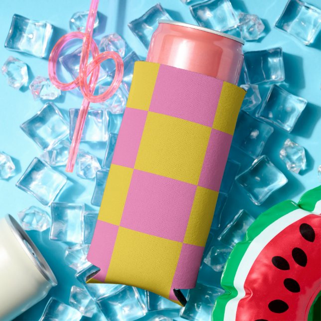 Pink and Yellow Chequered Pattern Seltzer Can Cooler (In Situ Summer)