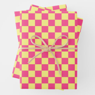 Pink and Yellow Chequered Print Wrapping Paper Sheet