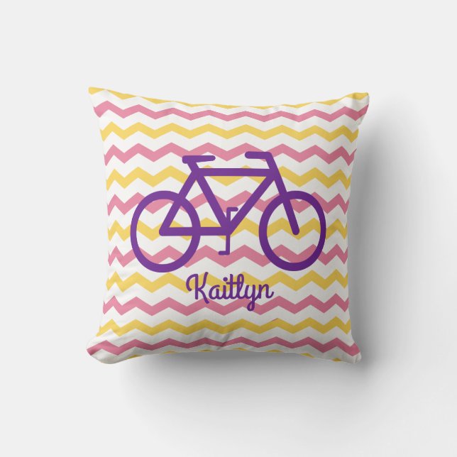 Pink and Yellow Chevron Pillow With Purple Bike (Front)