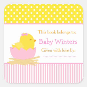 Pink and Yellow Chick Baby Shower Bookplate Square Sticker