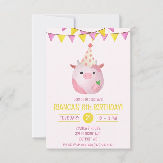 Pink and Yellow Cow Stuffy, Plush Birthday Party Invitation (Front)
