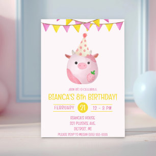 Pink and Yellow Cow Stuffy, Plush Birthday Party Invitation