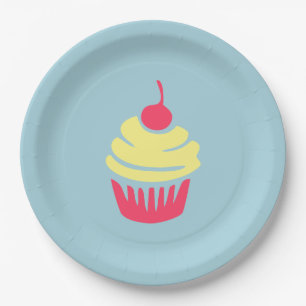 Pink and Yellow Cupcake with Cherry On Top Paper Plate