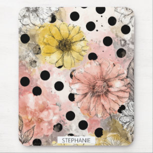 Pink and Yellow Daisy Floral with Black Dots Mouse Pad