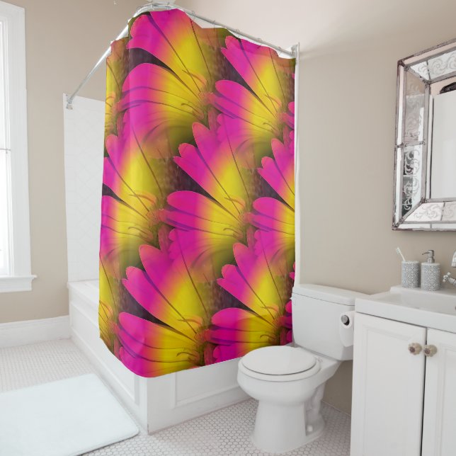 Pink and Yellow Daisy Shower Curtain (In Situ)