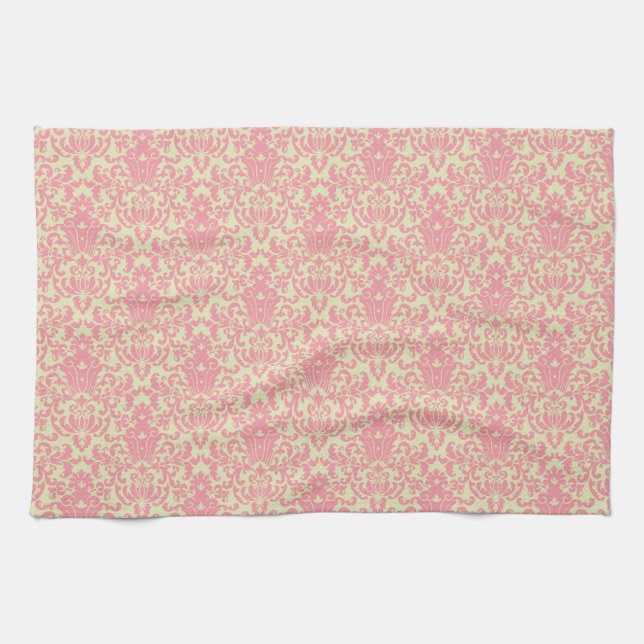 Pink and Yellow Damask Pattern Tea Towel (Horizontal)