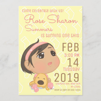 Pink and Yellow First Birthday Baby Girl Party Invitation