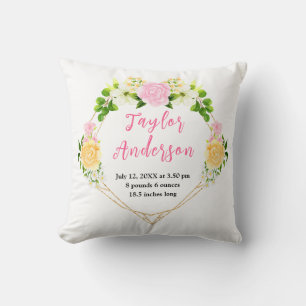 Pink and Yellow Floral Baby Birth Stats Cushion