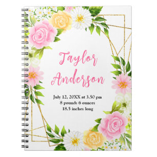 Pink and Yellow Floral Baby Birth Stats Notebook