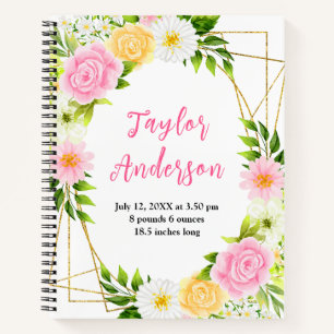 Pink and Yellow Floral Baby Birth Stats Notebook