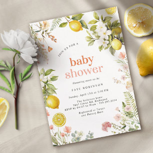 Pink and Yellow Floral Lemon Citrus Baby Shower Invitation