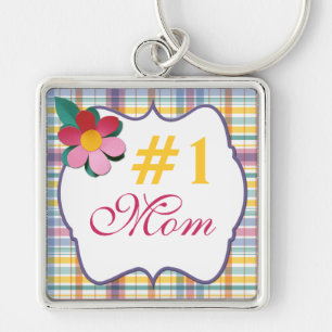 Pink and Yellow Floral on Plaid #1 Mum Keychain