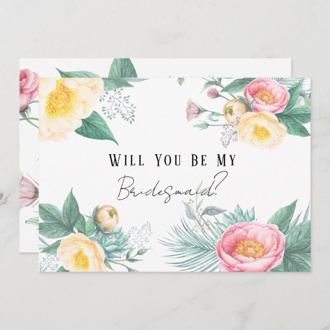 Pink and Yellow Floral Will You Be My Bridesmaid Invitation (Front/Back)