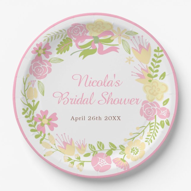 Pink and Yellow Floral Wreath Bridal Shower Paper Plate (Front)