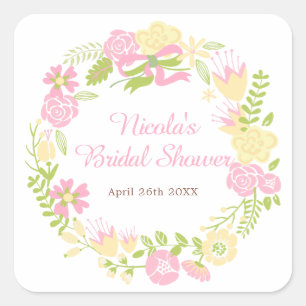Pink and Yellow Floral Wreath Bridal Shower Square Sticker