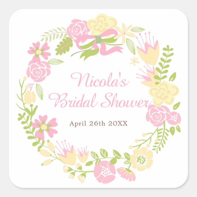 Pink and Yellow Floral Wreath Bridal Shower Square Sticker (Front)