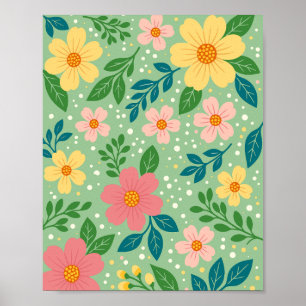 Pink and Yellow Florals with Green & Blue Leaves Poster