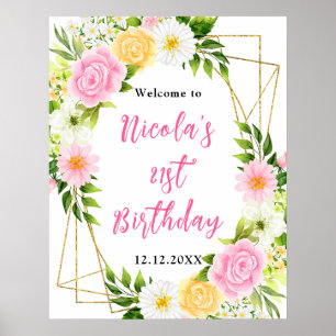 Pink and Yellow Flower Birthday Welcome Poster