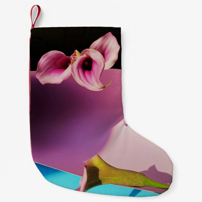 Pink and yellow flower on pink paper small christmas stocking (Front)