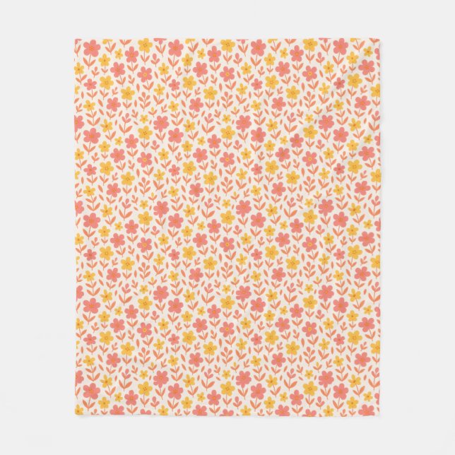Pink and yellow flower pattern fleece blanket (Front)