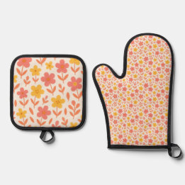 Pink and yellow flower pattern oven mitt & pot holder set